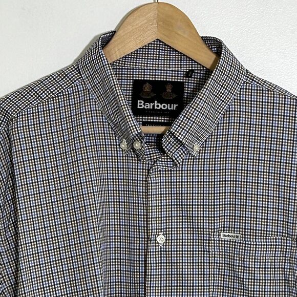 Men's Barbour Shirt Size XL Tailored Fit Button Down Brown Blue Check Plaid - Picture 2 of 10